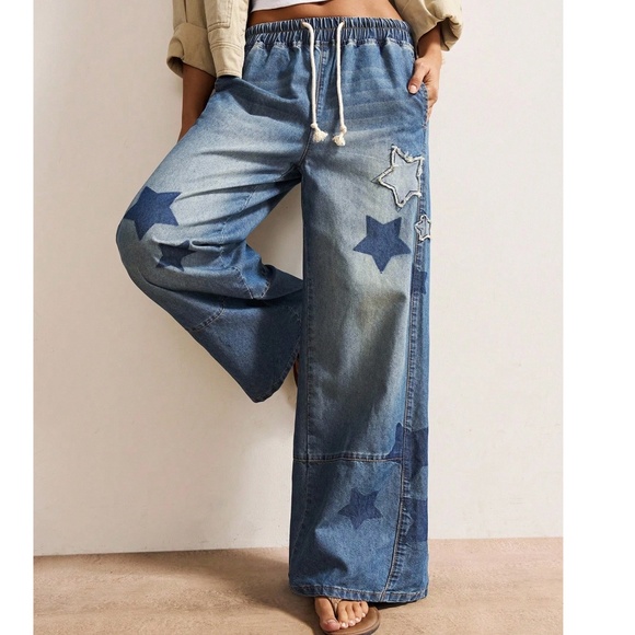 Denim - Western Star Print Patch Stretchy Waist Wide leg Denim Jean Pants